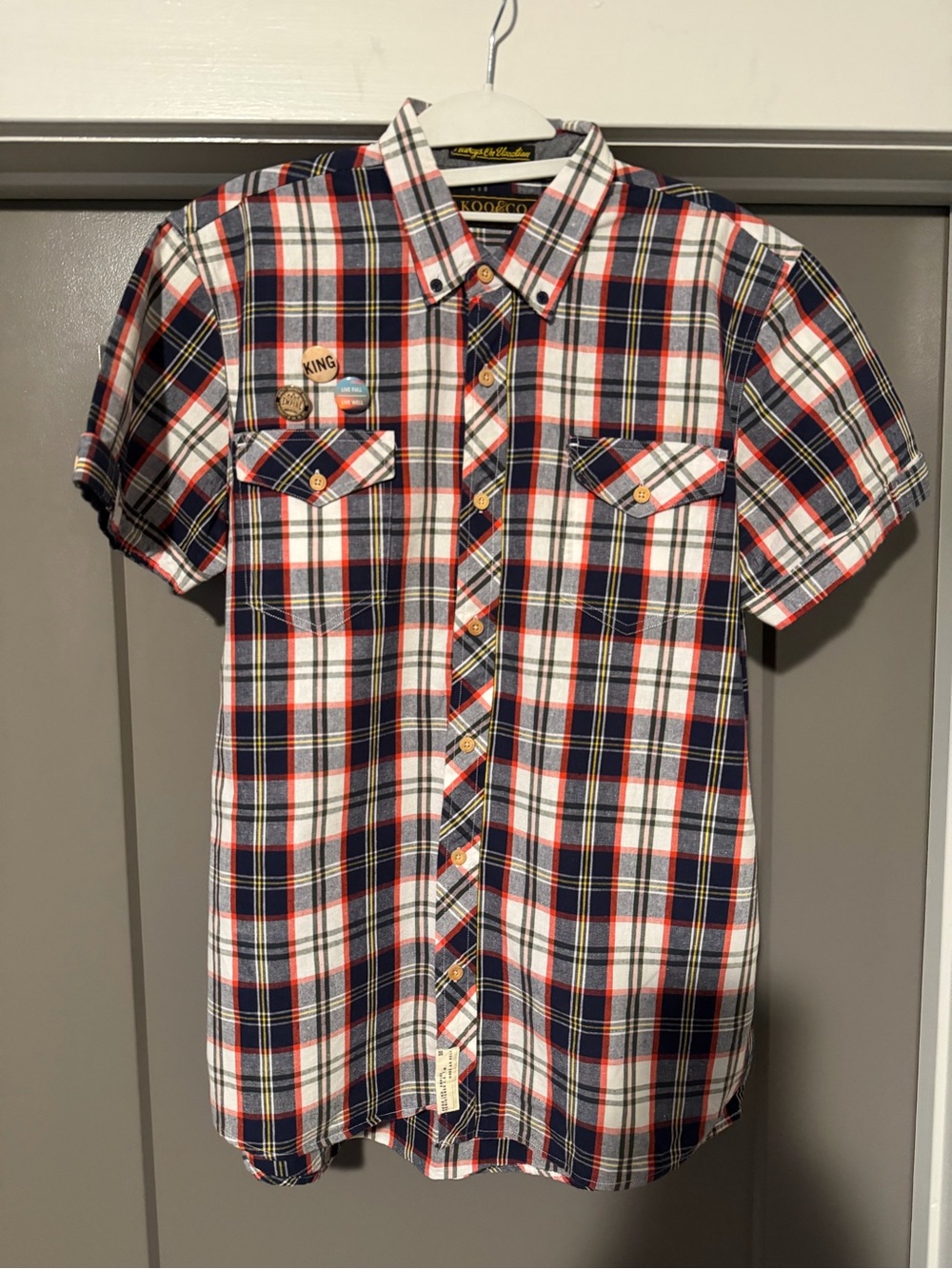 Akoo Short Sleeve Plaid Button-Down Shirt - Navy/White/Red